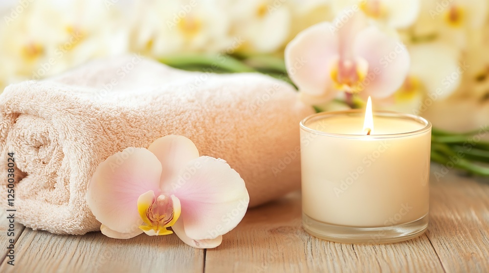 Poster comforting spa setting with orchid flowers and scented candle for relaxation : generative ai