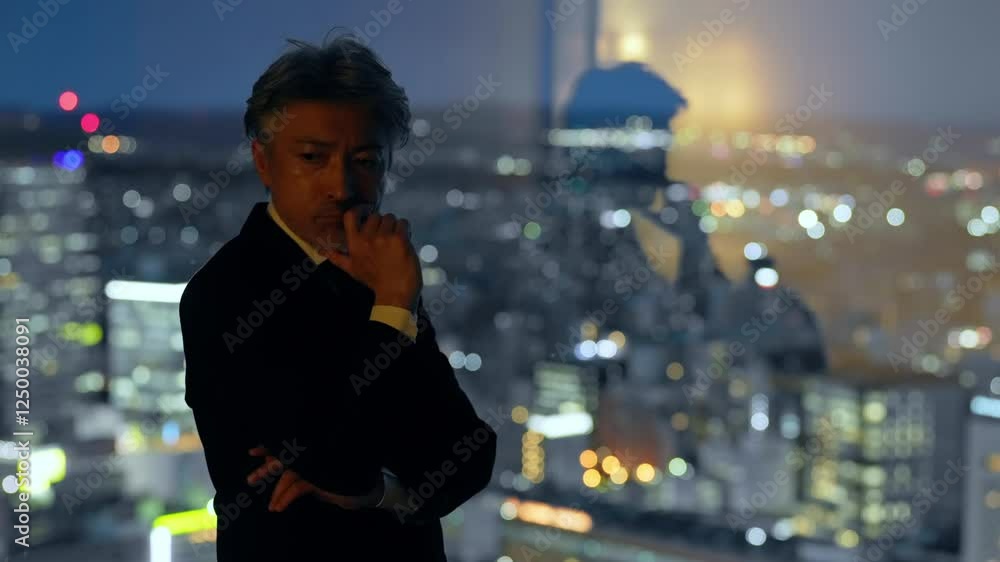 Poster ビジネス、ビジネスマン、シニア、男性、夜景、ビジネスパーソン、社長、経営、経営者、展望、不安、心配、疑問、ホテル、ロビー、ラウンジ、オフィス、暗い、ネガティブ、悩み、トラブル、問題、残業、疲労、上司、マネジメント、企業、転職、引退、リタイア、ミドルエイジ、中高年、日本人、都市、社会、窓、見通し、予測、戦略、経済、落ち込む、ショック、憂鬱、ストレス、疲れ、シルエット、課題、責任、プレッシャー、人物