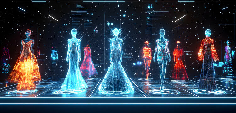 Digital runway showcasing AI-designed outfits, predicting future trends through data analytics.