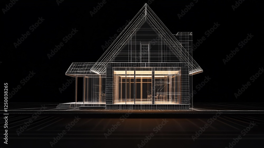 Poster architectural wireframe of a house, showing structure and design in glowing outline on a black backg