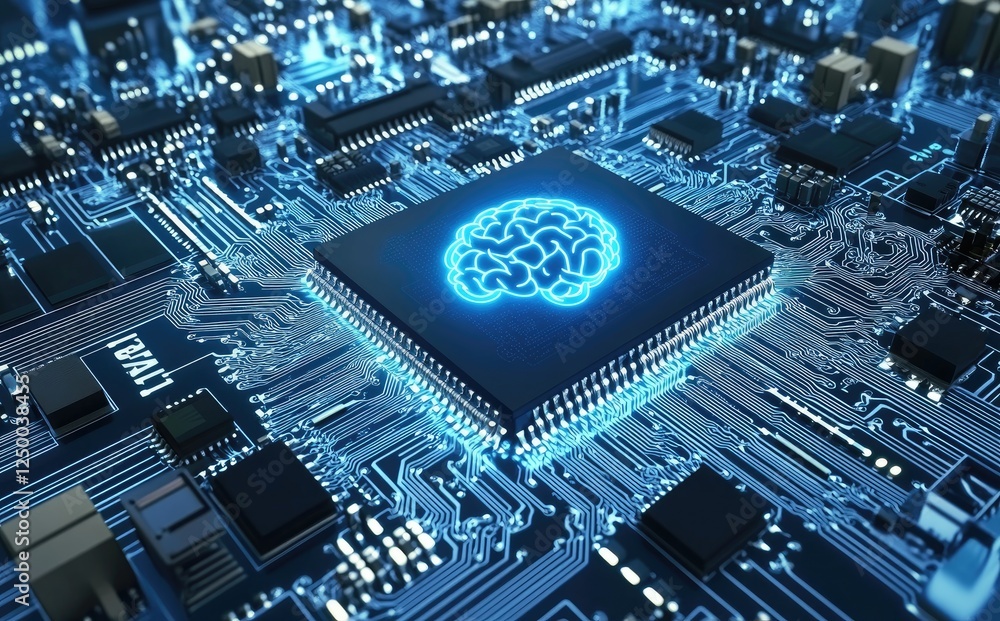 Poster A 3D render of a glowing blue brain embedded in a microchip on a detailed circuit board, symbolizing artificial intelligence and advanced technology. Perfect for AI innovations, tech blogs