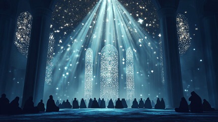 Spiritual Serenity in a Grand Mosque. This artwork captures the essence of Islamic worship, making it ideal for themes of Ramadan, nightly prayers, and spiritual enlightenment.