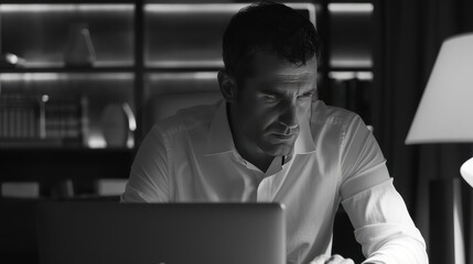 A man in a polo shirt analyzes his stocks and investments on a tablet, seated at a desk with papers and a cup of coffee, focused on his work.