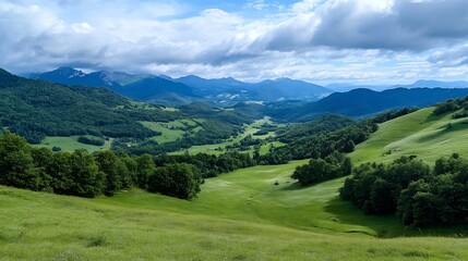 Fototapeta premium Breathtaking Vast Green Valley with Rolling Hills and Cloudy Sky : Generative AI