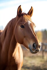 Obraz premium Close-up portrait of a majestic horse on a ranch basking in the golden hour light : Generative AI