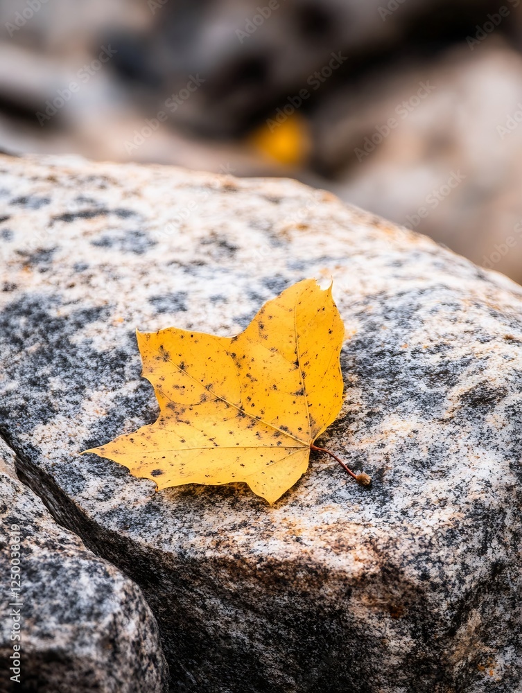 Poster bright yellow maple leaf nestled on a rough gray rock in nature scene : generative ai