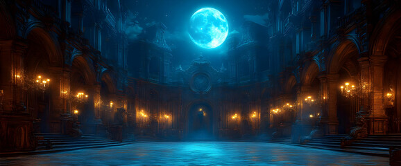 Glowing Magical Night City Under Full Moon