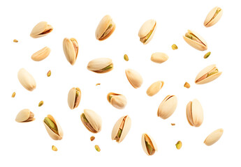Falling pistachios isolated on a white background, creating a pattern or banner. Flat lay, top view, high-resolution photo. 