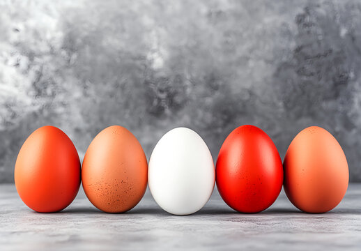 Five eggs of different colors in a row, one egg is white and the other four are red. In front, there is an empty space for text. The background color should be gray. Minimalist style. 