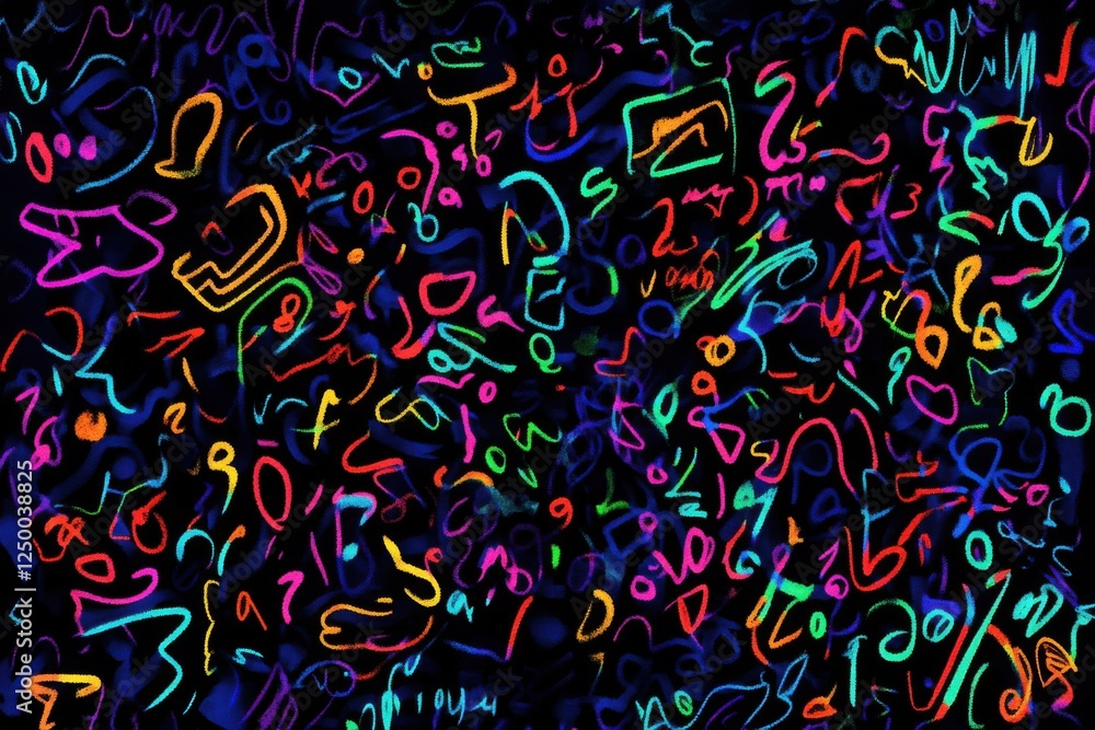 Poster vibrant abstract art with colorful lines and shapes on dark background