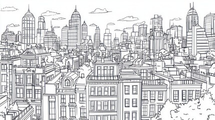 Cityscape sketch, urban skyline, buildings, architectural drawing,  background clouds, design element