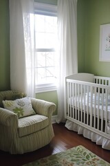 Cozy Green Nursery with Natural Light and Modern Furniture Design : Generative AI