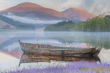 A serene landscape featuring a weathered boat on calm waters, surrounded by misty mountains and vibrant purple flowers.