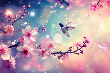 A vibrant scene featuring a hummingbird among blooming cherry blossoms, illuminated by soft, colorful light and floating petals.