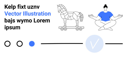 Geometric horse on wheels, person meditating, abstract circular and line elements, and text. Ideal for creativity, focus, balance, spirituality modern design abstract themes meditation. Landing