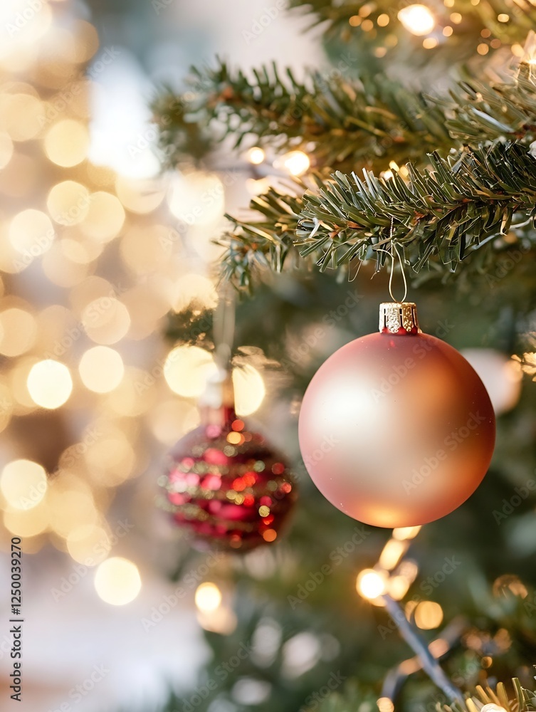 Aufkleber charming close-up of christmas tree ornaments with bokeh background lights : generative ai