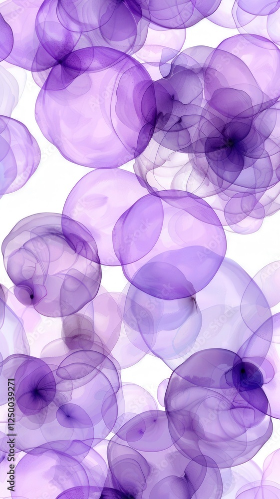 Poster abstract design featuring soft, translucent purple bubbles against a white background, creating a ca