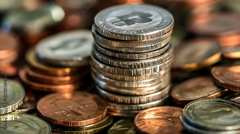 Aufkleber Stack of Various Coins in Close-Up View on a Reflective Surface : Generative AI
