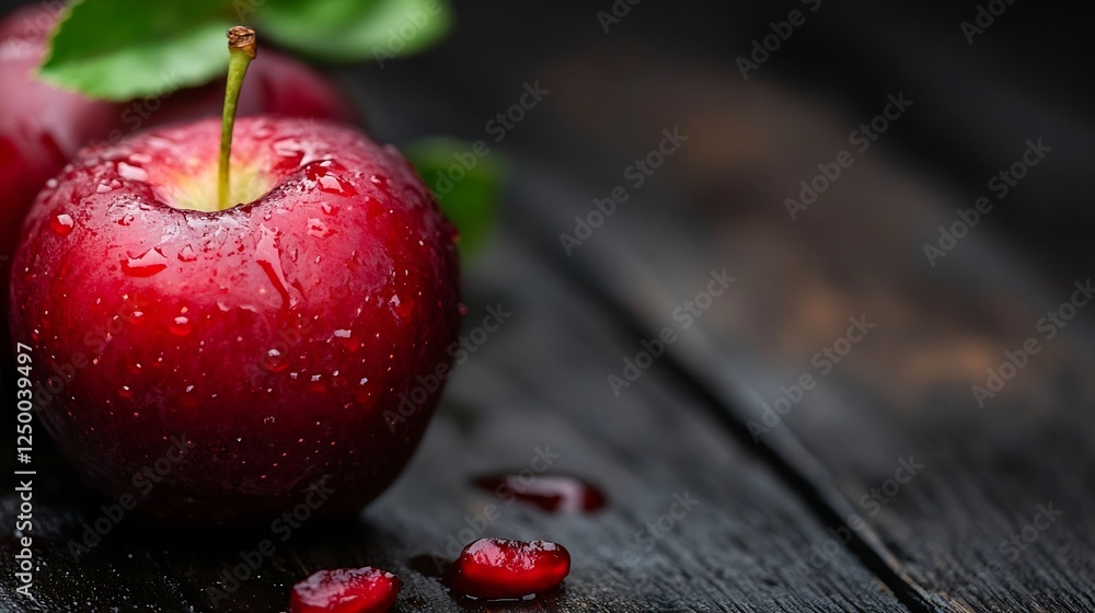 Poster Fresh Red Apples with Raindrops on a Dark Wooden Surface Creating an Appealing Still Life : Generative AI