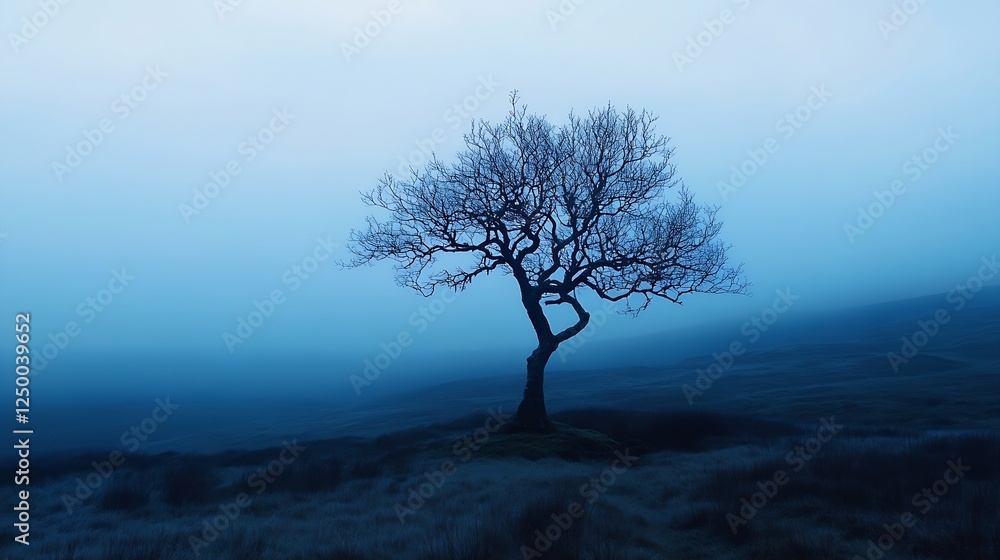 Poster Lonely leafless tree in misty ambiance creating an ethereal winter landscape : Generative AI