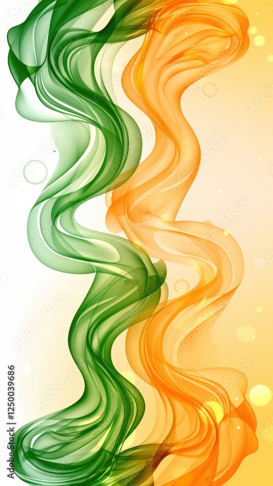 Poster abstract design featuring flowing green and orange waves on a soft yellow background, evoking a sens