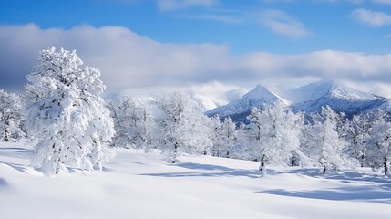 Fototapeta premium Majestic Snow-Capped Trees and Mountains Under a Bright Blue Sky : Generative AI