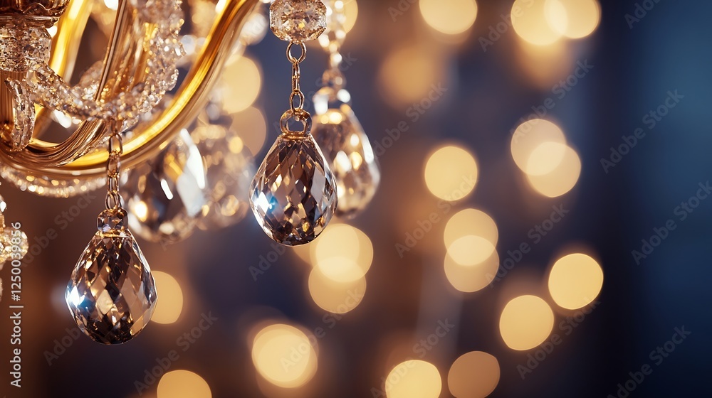 Poster Elegant Crystal Chandelier with Sparkling Light Bokeh Background : Generative AI