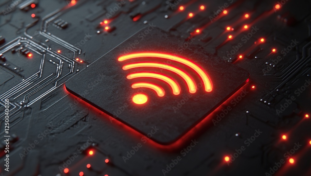 Poster wireless network signal: glowing icon on circuit board, represents modern technology and connectivit