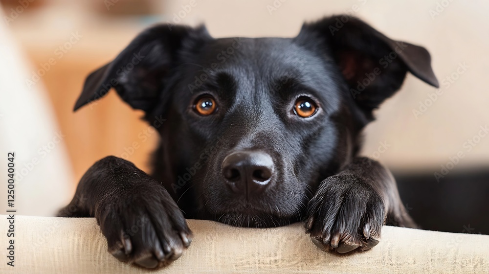 Poster adorable black dog looking curiously with big expressive eyes resting its paws on a comfy couch : ge