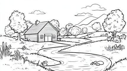 Rustic House by Creek, Hilly Landscape, Peaceful Scene, Coloring Book Page
