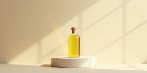 A sunlit amber liquid in a clear glass bottle with a light wood cap rests on a minimalist, round platform.