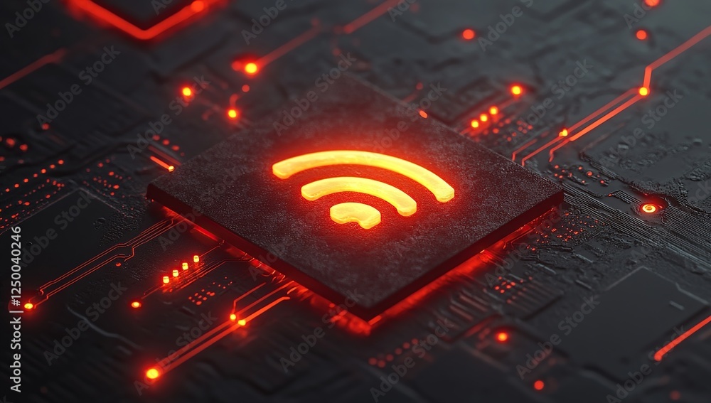 Poster exploring wireless technology: signal transmission on circuit boards, illuminating network connectio