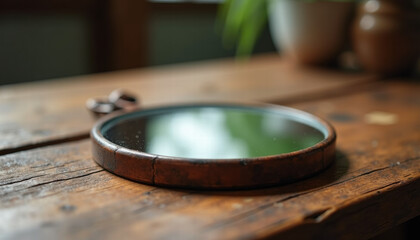 Minimalist Round Mirror on Rustic Wooden Table for Beauty and Lifestyle