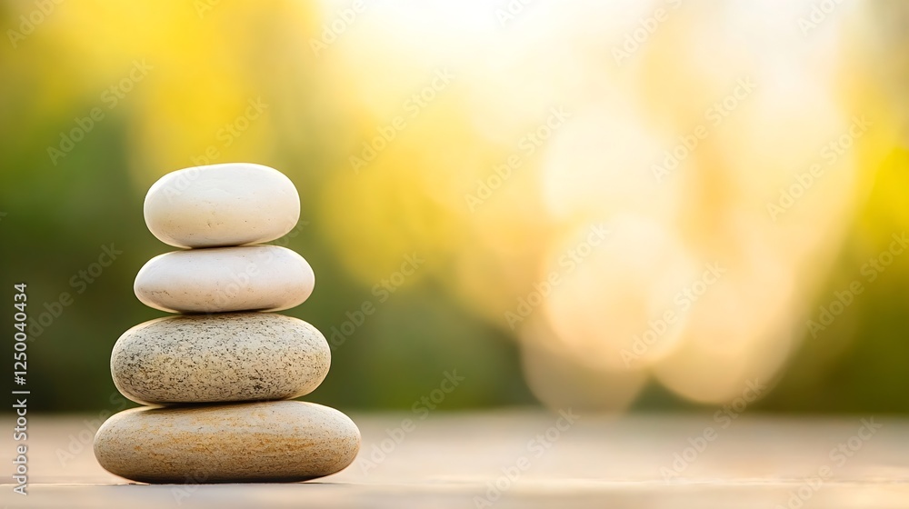Aufkleber Calm and Serene Stack of Smooth Pebbles Balanced on Each Other with Blurred Natural Background : Generative AI