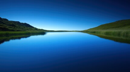 Fototapeta premium Serene lake reflecting hills under a vibrant blue sky.