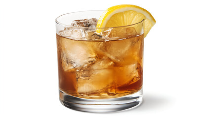 Isolated on a white background, a clear glass contains lemon and ice. The transparent water has a yellow color. The drink has two large, thin slices of freshly cut lemons as garnish. It is placed 