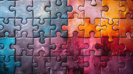 Colorful jigsaw puzzle pieces create abstract background, evoking creativity and fun