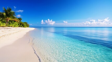 Fototapeta premium Stunning tropical beach showcasing crystal clear waters and an inviting sandy shore under a blue sky : Generative AI