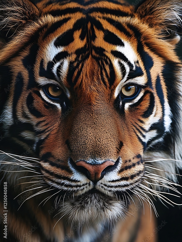 Poster majestic close-up view of a powerful tiger exhibiting striking features and intense gaze : generativ