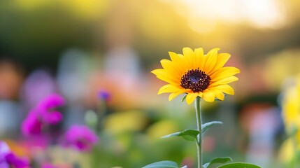 Obraz premium Bright sunflower blooming amidst colorful garden flowers in soft warm sunlight during golden hour : Generative AI