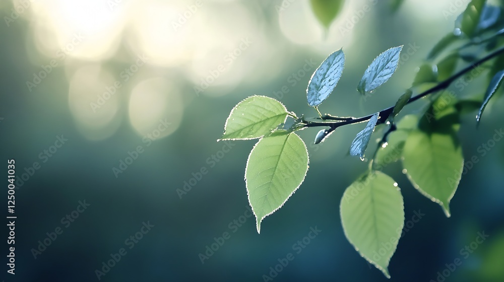 Aufkleber fresh green leaves with dew in soft natural light capturing the essence of nature : generative ai