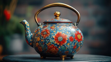 Ornate Floral Teapot with Golden Handle and Feet
