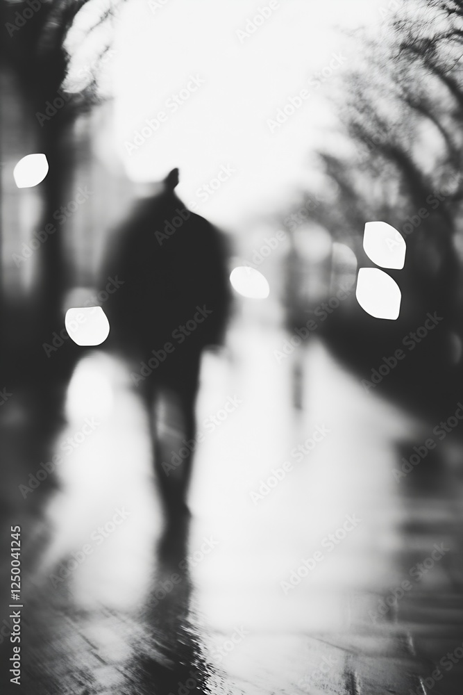 Poster mysterious silhouette of a person walking on a rainy street with blurred lights and shadows : genera