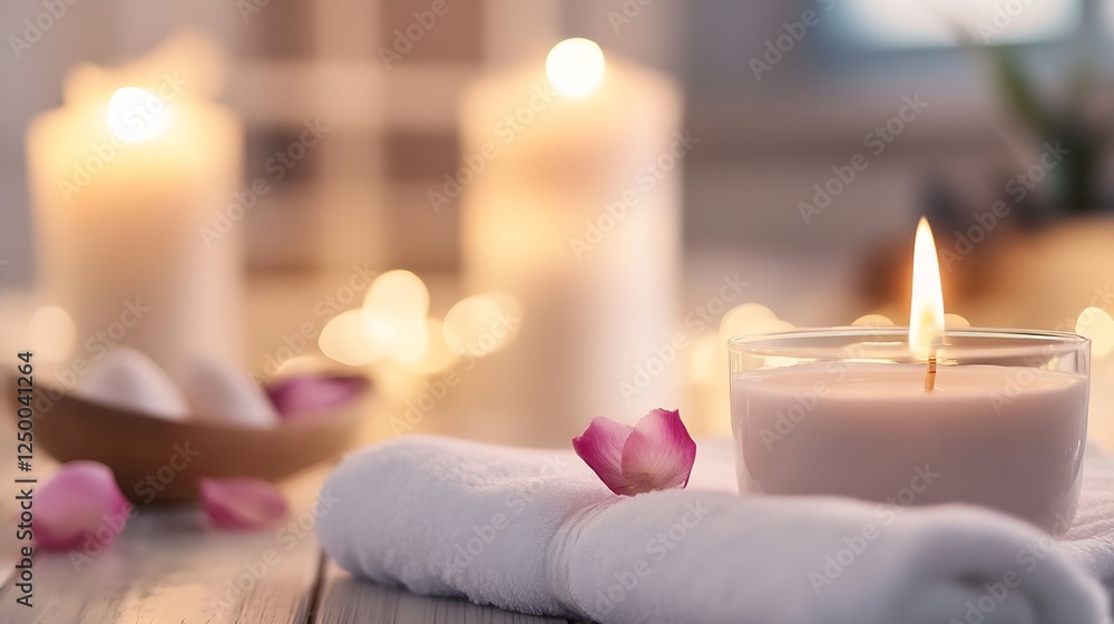 Aufkleber relaxing spa scene with scented candles and rose petals creating a calm ambience : generative ai