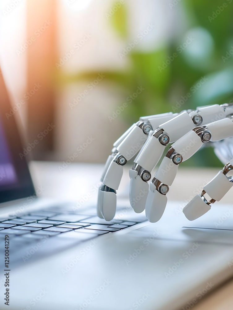 Aufkleber Futuristic Robotic Arm Typing on Laptop Keyboard in Modern Workspace : Generative AI