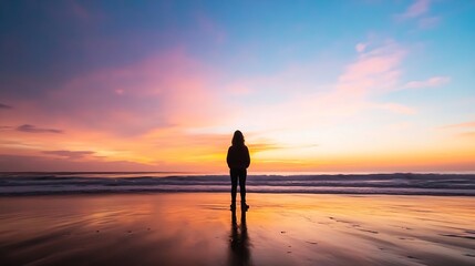 Fototapeta premium Silhouette of a Person Standing on the Beach at Sunset Reflecting on Water : Generative AI