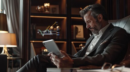 A man in a polo shirt analyzes his stocks and investments on a tablet, seated at a desk with papers and a cup of coffee, focused on his work.