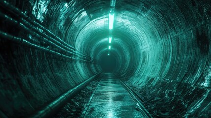 Mysterious illuminated underground tunnel with pipes and reflective floor