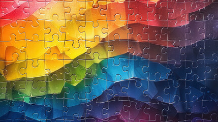 Colorful jigsaw puzzle pieces create vibrant abstract background, showcasing spectrum of hues