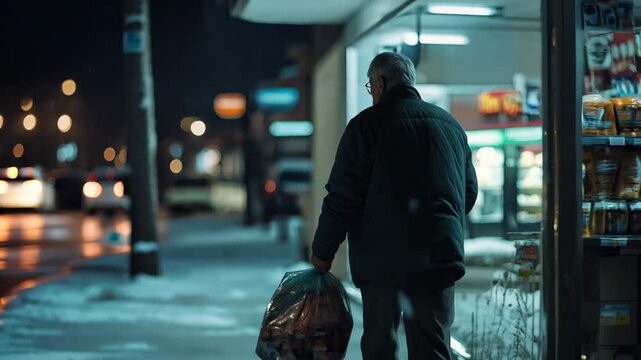 An elderly man walks away from a convenience store, carrying a bag of groceries through a quiet, snow-covered street at night. The dim lighting and cold atmosphere evoke themes of solitude, resilience